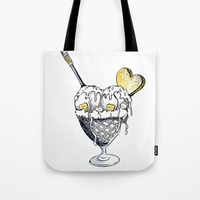 Ice cream in vintage waffle bowl with spoon and heart cookie Tote Bag