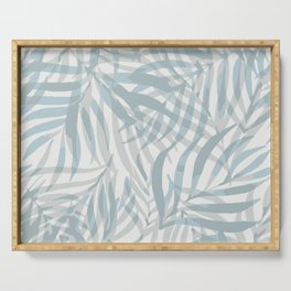 Digital palm leaves in pastel blue and gray Serving Tray