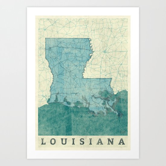 Louisiana State Map Blue Vintage Art Print