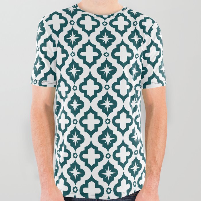 Teal Blue Ornamental Arabic Pattern All Over Graphic Tee