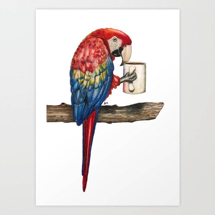 evaluerbare Hotellet Necessities Macawfee in the Morning" - Parrot with Coffee Art Print by GardenPartyArt |  Society6