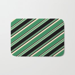 [ Thumbnail: Bisque, Sea Green, Dark Sea Green, and Black Colored Lined Pattern Bath Mat ]