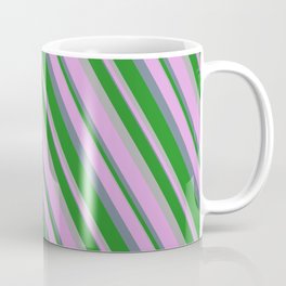 [ Thumbnail: Forest Green, Dark Gray, Plum, and Slate Gray Colored Stripes/Lines Pattern Coffee Mug ]