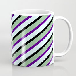 [ Thumbnail: Dark Sea Green, Indigo, Light Cyan, and Black Colored Striped Pattern Coffee Mug ]