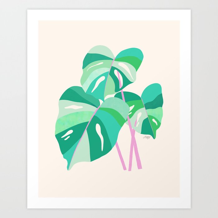 Monstera Plant Illustration (Green/Pink Palette) Art Print