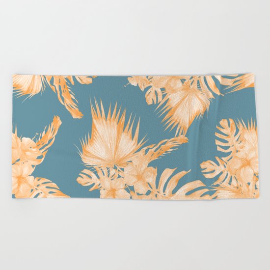 Hawaiian Hibiscus Palm Orange Teal Blue Beach Towel