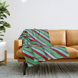 [ Thumbnail: Sky Blue, Dark Red & Sea Green Colored Striped Pattern Throw Blanket ]