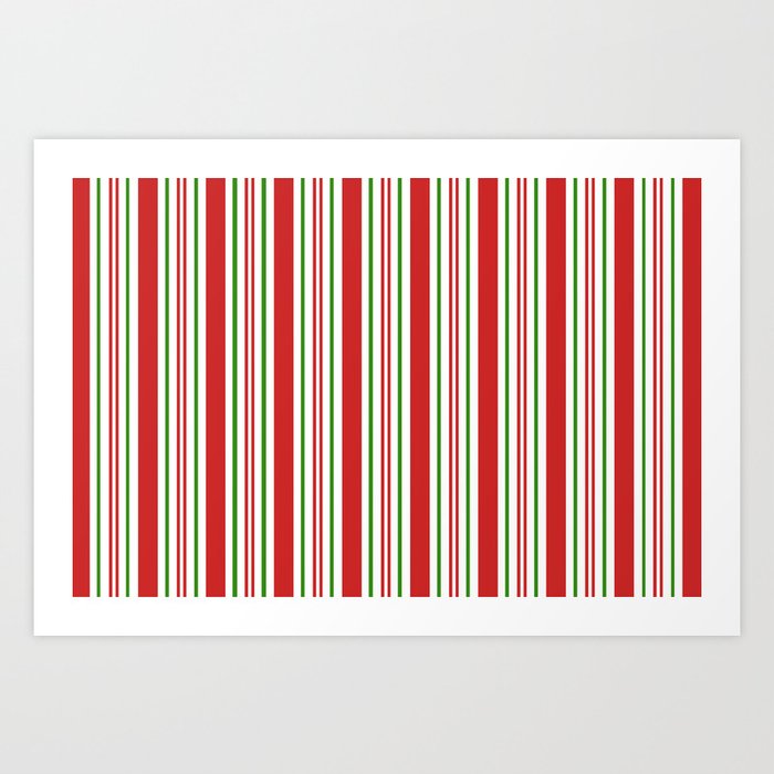 Red Green and White Candy Cane Stripes Thick and Thin Vertical Lines, Festive Christmas Art Print