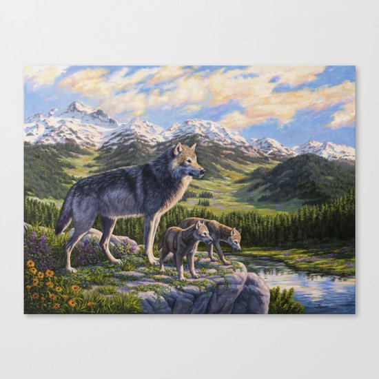 Mother Gray Wolf and Pups River Valley Canvas Print