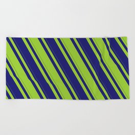 [ Thumbnail: Midnight Blue & Green Colored Lines Pattern Beach Towel ]