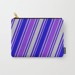 [ Thumbnail: Grey, Blue & Purple Colored Stripes Pattern Carry-All Pouch ]