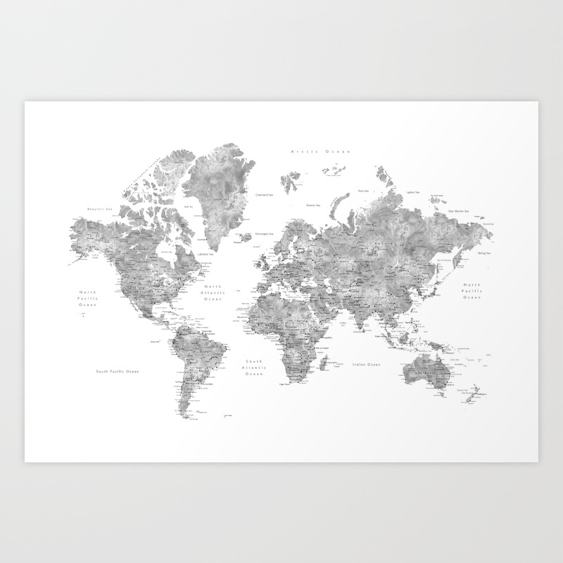 Grayscale watercolor world map with cities Art Print by ...