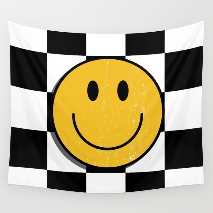 Smiley Face with Black and White Chessboard Background Wall Tapestry
