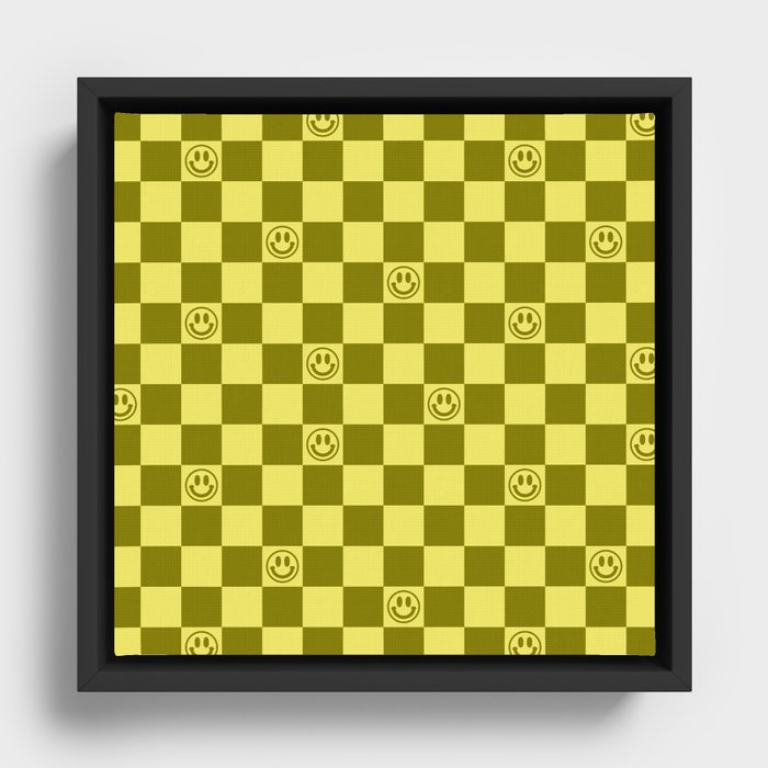 Yellow/Olive Color Smiley Face Checkerboard Framed Canvas