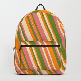 [ Thumbnail: Green, Dark Orange, Bisque, and Light Coral Colored Lines Pattern Backpack ]