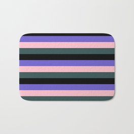 [ Thumbnail: Slate Blue, Pink, Dark Slate Gray & Black Colored Stripes/Lines Pattern Bath Mat ]