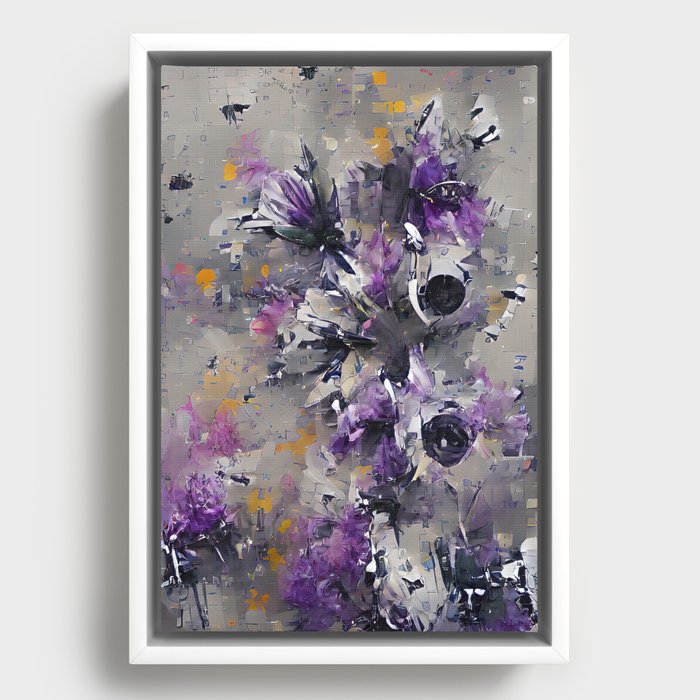 Purple and gray original abstract digital flowers artwork Framed Canvas