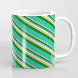 [ Thumbnail: Beige, Dark Salmon, Green & Light Sea Green Colored Lines Pattern Coffee Mug ]