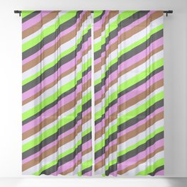 [ Thumbnail: Colorful Orchid, Brown, Lavender, Chartreuse & Black Colored Stripes Pattern Sheer Curtain ]