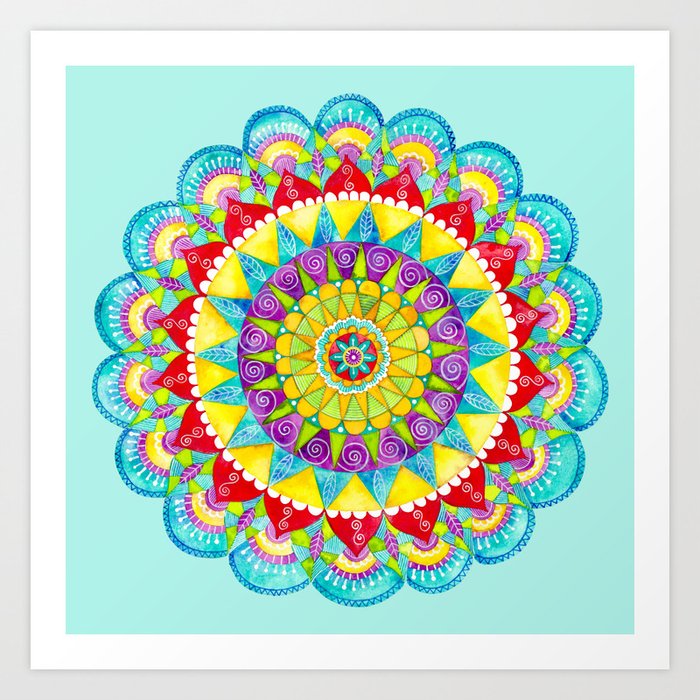 Mandala of Many Colors on Turquoise Art Print