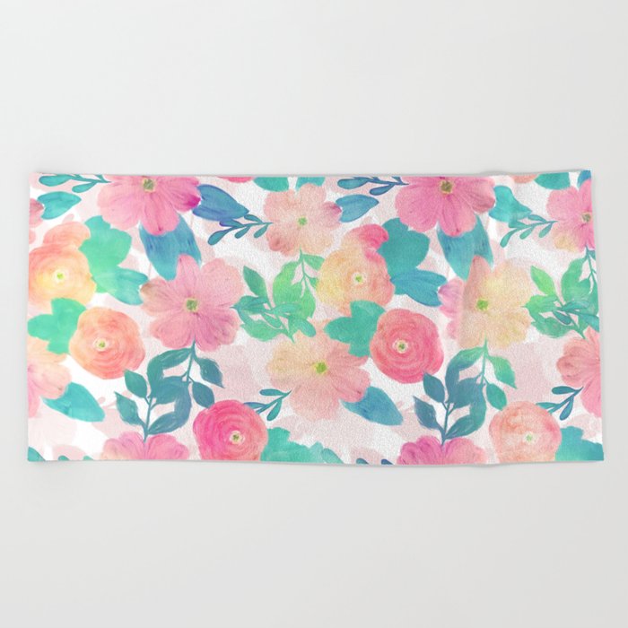 Pink Blue Hand Paint Floral Girly Design Beach Towel