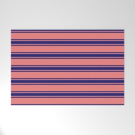 [ Thumbnail: Light Coral and Midnight Blue Colored Striped/Lined Pattern Welcome Mat ]