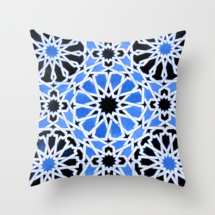 Blue Moroccan Zellige Mosaic Tiles Modern Geometric Zellij Throw Pillow