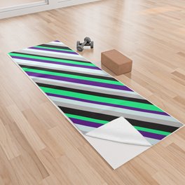 [ Thumbnail: Green, Indigo, Light Cyan, Grey, and Black Colored Lines Pattern Yoga Towel ]