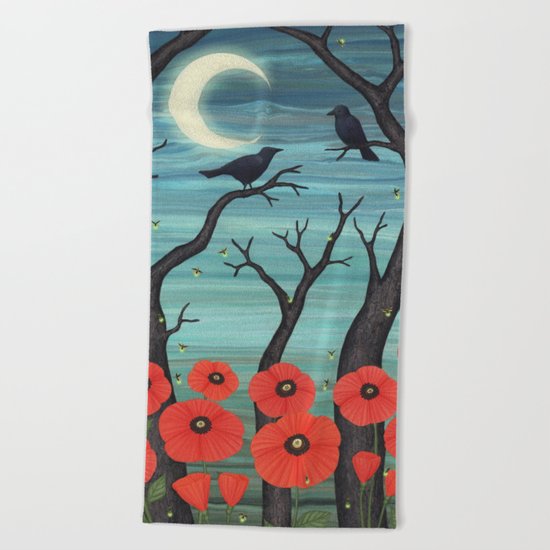 crows, fireflies, and poppies in the moonlight Beach Towel