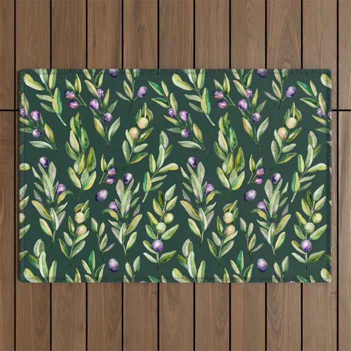 Scattered Olive Branches on Dark Green Outdoor Rug