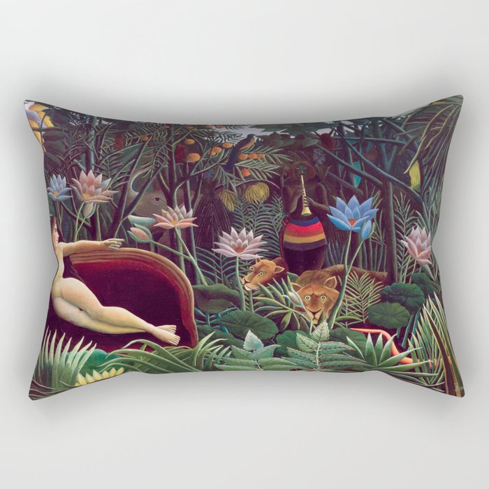 The Dream by Henri Rousseau 1910 // Jungle Lion Flowers Native Female Laying Colorful Landscape Rectangular Pillow