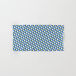 [ Thumbnail: Bisque, Green, and Cornflower Blue Colored Striped/Lined Pattern Hand & Bath Towel ]