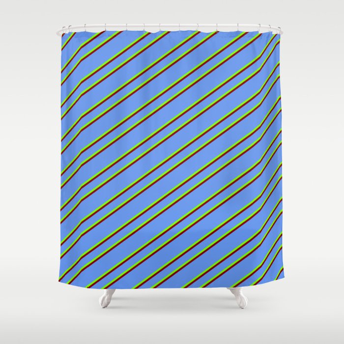 Cornflower Blue, Green, and Maroon Colored Stripes/Lines Pattern Shower Curtain