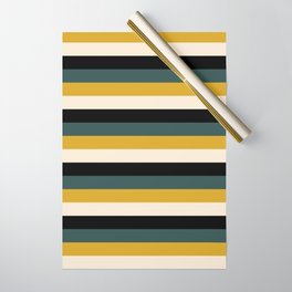 [ Thumbnail: Goldenrod, Beige, Black & Dark Slate Gray Colored Striped Pattern Wrapping Paper ]