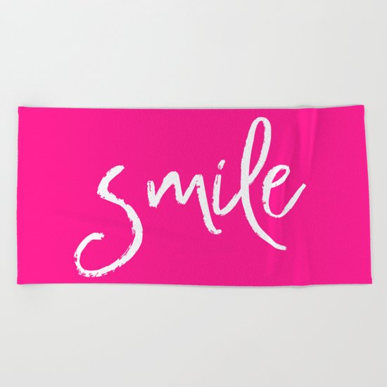 Smile- Funny Typography on simple pink background texture on #society6 Beach Towel