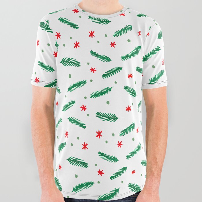 Christmas branches and stars - green and red All Over Graphic Tee