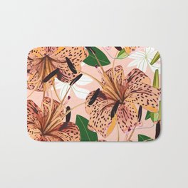 Tiger Lillies, Tropical Blush Botanical Illustration, Polka Dots Nature Vibrant Floral Jungle Bath Mat