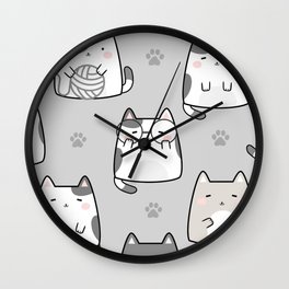 Kawaii Cat Gray with Pawprints Wall Clock