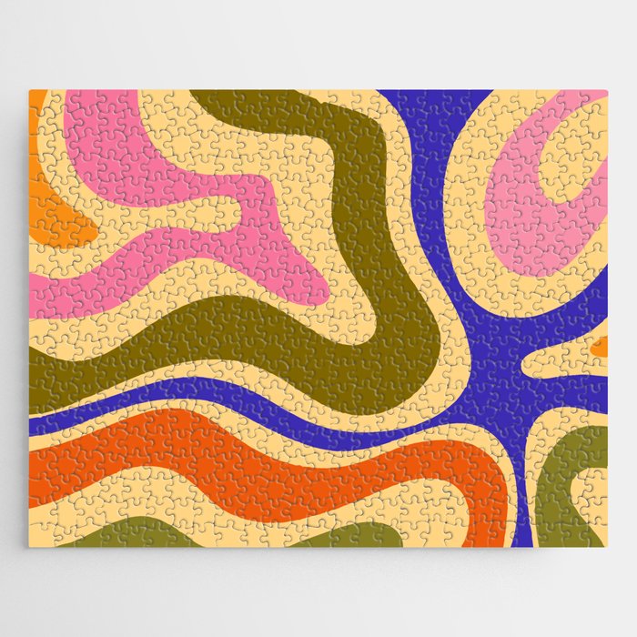 Modern Retro Liquid Swirl Abstract Pattern Square Colorful Yellow Olive Blue Pink Orange Jigsaw Puzzle