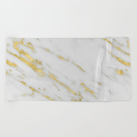 Marble - Shimmery Gold Marble on White Pattern Beach Towel