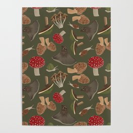 Tossed Mushrooms - dark green Poster