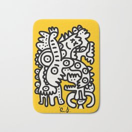 Black and White Cool Monsters Graffiti on Yellow Background Bath Mat
