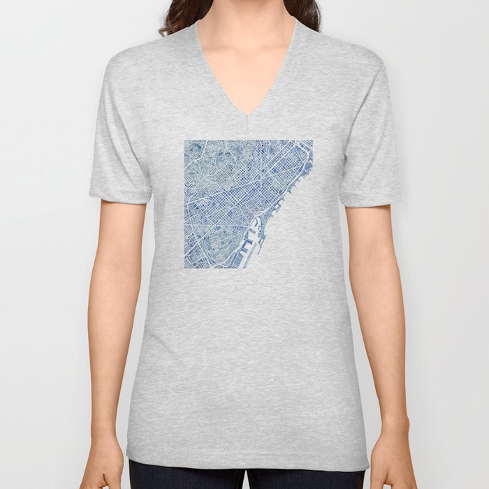 Barcelona Blueprint Watercolor City Map V Neck T Shirt