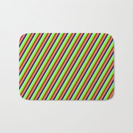 [ Thumbnail: Vibrant Green, Chartreuse, Brown, Coral, and Midnight Blue Colored Lines/Stripes Pattern Bath Mat ]