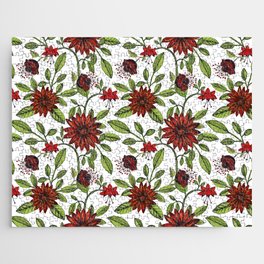 abstract red flowers and green leaves on white background graphic watercolor seamless pattern Jigsaw Puzzle