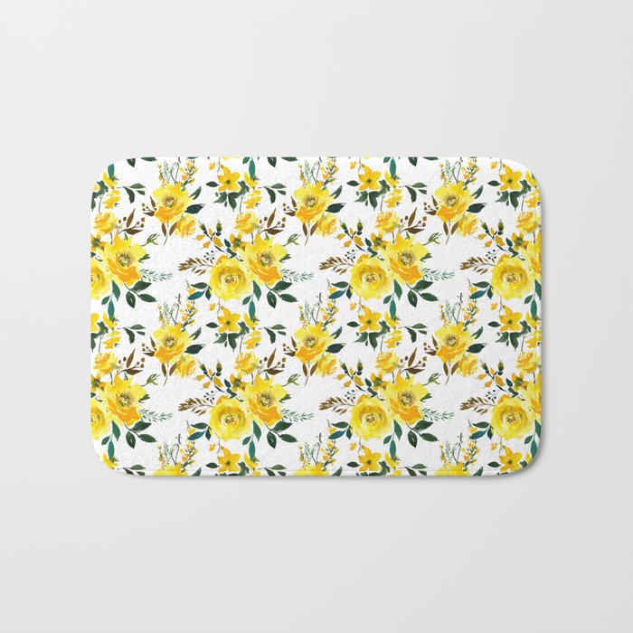 Yellow green white watercolor hand painted floral Bath Mat
