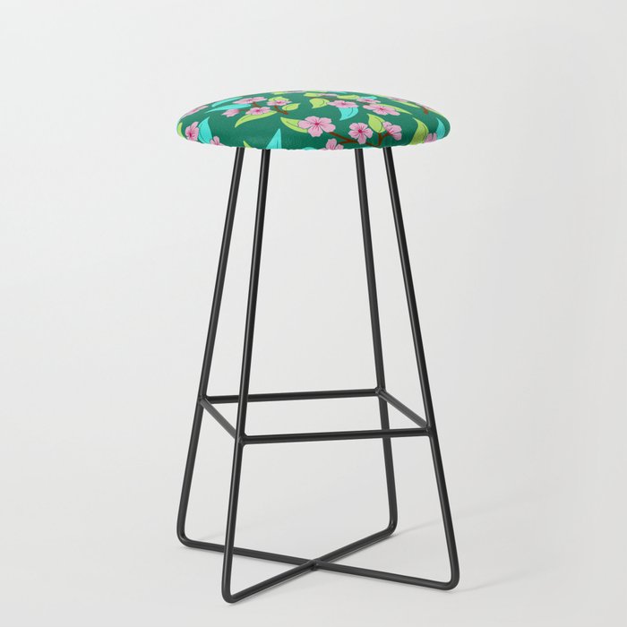 Boho tossed flower pattern in green and pink Bar Stool