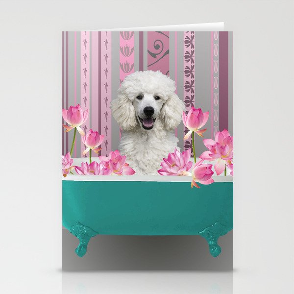 Poodle in Bathtub with Lotos Flowers Stationery Cards