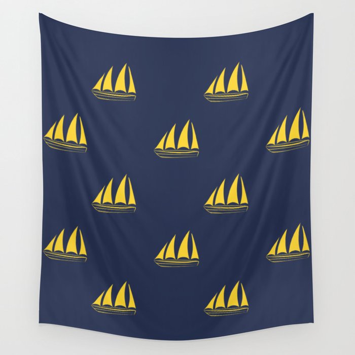 Yellow Sailboat Pattern on navy blue background Wall Tapestry