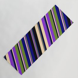[ Thumbnail: Colorful Black, Beige, Purple, Green, and Blue Colored Pattern of Stripes Yoga Mat ]